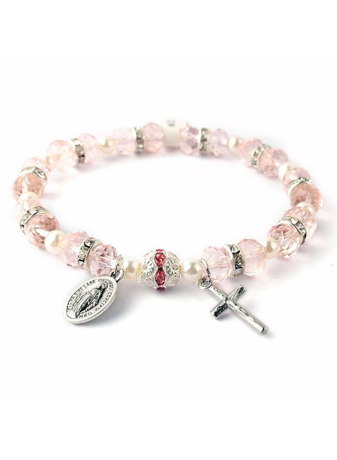 HanlinCC Women's Beaded Stretch Rosary Bracelet with Crucifix and Miraculous Medal (Pink) - Image 2