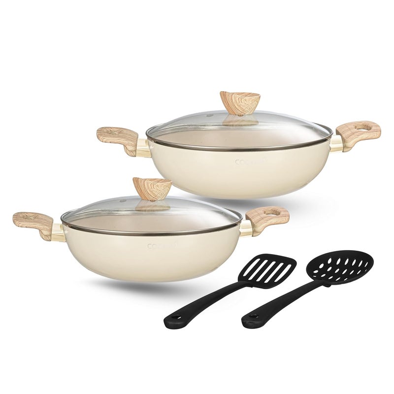 COOKAID Neo Glide Series Non Stick PTFE Kadhai 2 Pcs Cookware Set (22 cm + 24 Cm with Glass Lids) with Nylon Tool|Aluminium Body|Gas & Induction Compatible| ISI Certified | 2 LTR & 2.5 LTR |Cream - Image 1