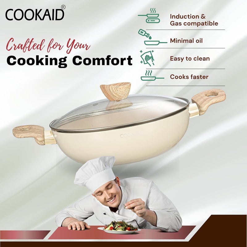 COOKAID Neo Glide Series Non Stick PTFE Kadhai 2 Pcs Cookware Set (22 cm + 24 Cm with Glass Lids) with Nylon Tool|Aluminium Body|Gas & Induction Compatible| ISI Certified | 2 LTR & 2.5 LTR |Cream - Image 3