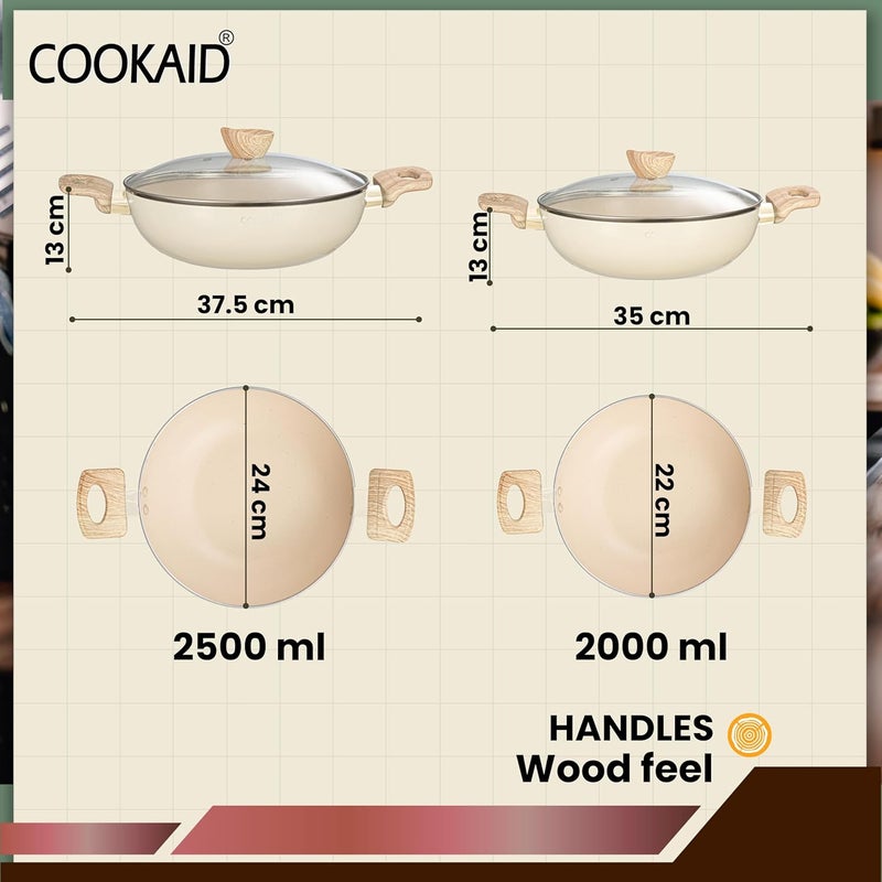 COOKAID Neo Glide Series Non Stick PTFE Kadhai 2 Pcs Cookware Set (22 cm + 24 Cm with Glass Lids) with Nylon Tool|Aluminium Body|Gas & Induction Compatible| ISI Certified | 2 LTR & 2.5 LTR |Cream - Image 2