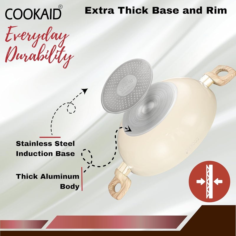 COOKAID Neo Glide Series Non Stick PTFE Kadhai 2 Pcs Cookware Set (22 cm + 24 Cm with Glass Lids) with Nylon Tool|Aluminium Body|Gas & Induction Compatible| ISI Certified | 2 LTR & 2.5 LTR |Cream - Image 4