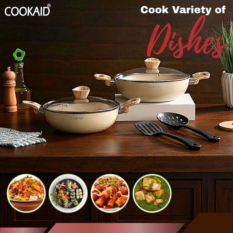 COOKAID Neo Glide Series Non Stick PTFE Kadhai 2 Pcs Cookware Set (22 cm + 24 Cm with Glass Lids) with Nylon Tool|Aluminium Body|Gas & Induction Compatible| ISI Certified | 2 LTR & 2.5 LTR |Cream - Image 5