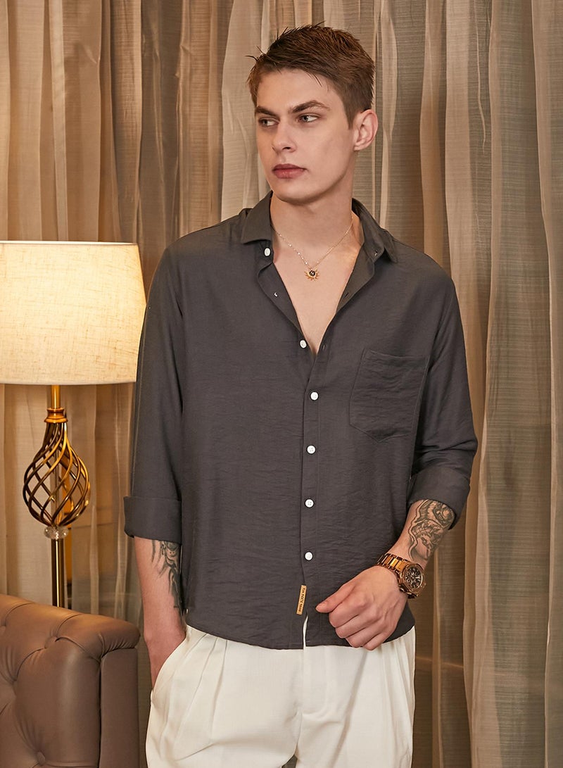 Campus Sutra Men's Charcoal Grey Breezy Wrinked Relaxed Shirt  - Image 2