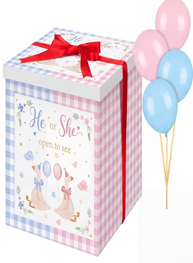 Hungdao Gender Reveal Balloon Box with Ribbon and 10 Pink and Blue Balloons Gender Reveal Games He or She Open to See for Party Decoration 12"x12"x16" (Silly Goose - Image 1