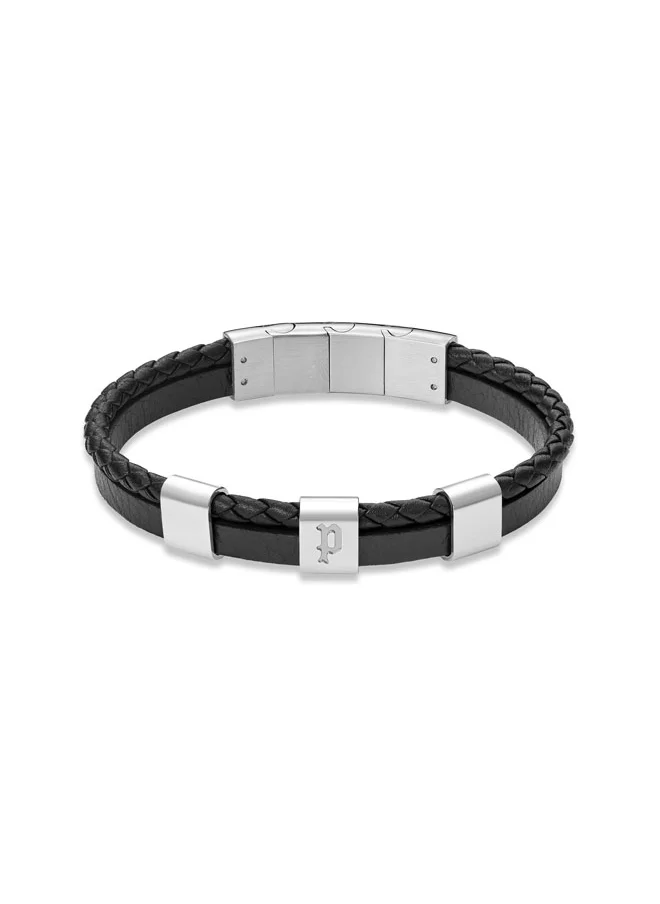 بوليس POLICE Unity Bracelet - Dual-Textured Black Leather with Stainless Steel Square Motifs & P Symbol - Bold Men's Style