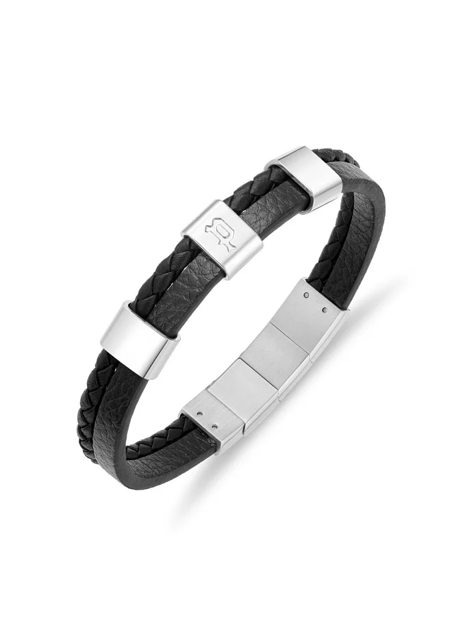 بوليس POLICE Unity Bracelet - Dual-Textured Black Leather with Stainless Steel Square Motifs & P Symbol - Bold Men's Style