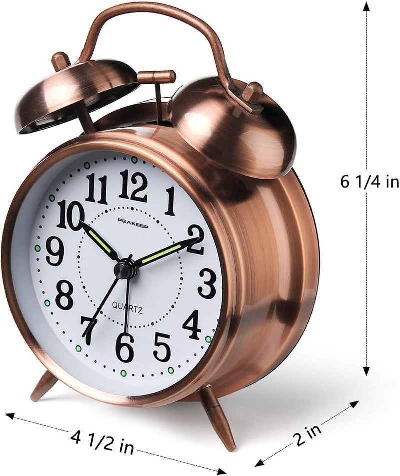 Peakeep Loud Analog Alarm Clock for Heavy Sleepers, Vintage 4-Inch Twin Bell Old School Fashioned Wind Up Alarm Clock with Battery Operated for Bedrooms - Image 3