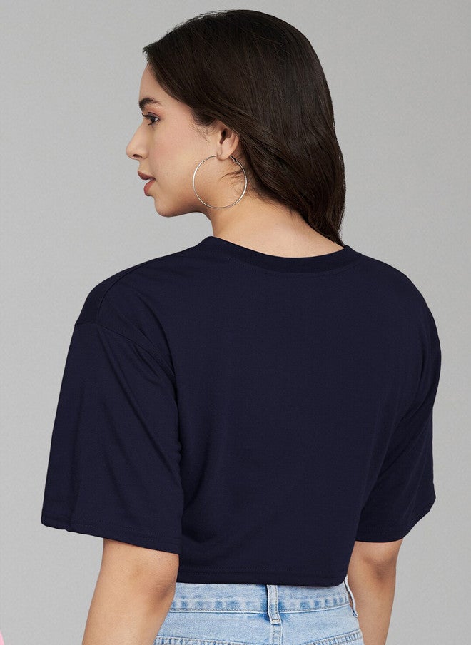 TREND LEVEL Navy Blue Typography Printed Cotton Crop T-shirt for Women - Image 5