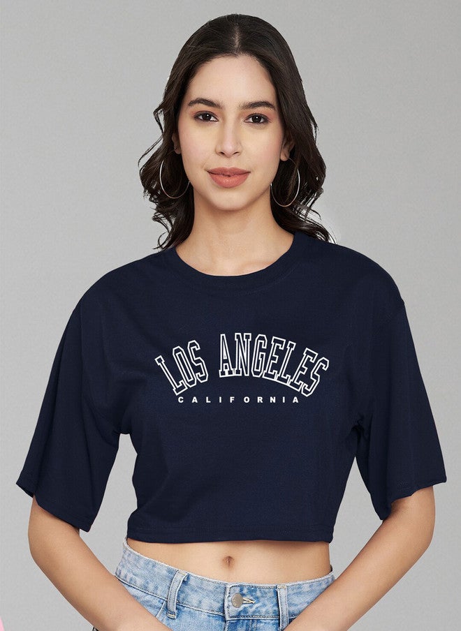 TREND LEVEL Navy Blue Typography Printed Cotton Crop T-shirt for Women - Image 1