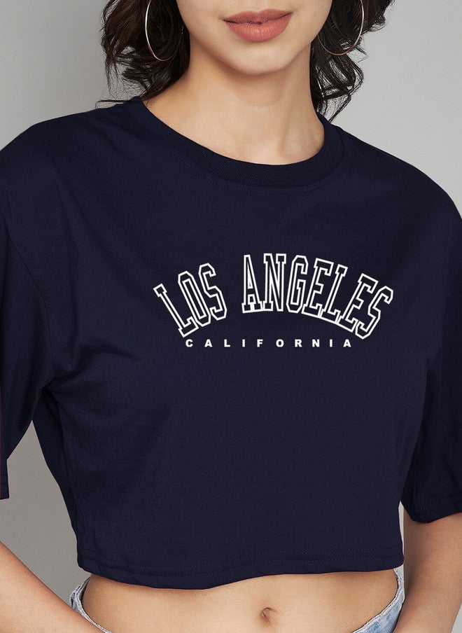 TREND LEVEL Navy Blue Typography Printed Cotton Crop T-shirt for Women - Image 2