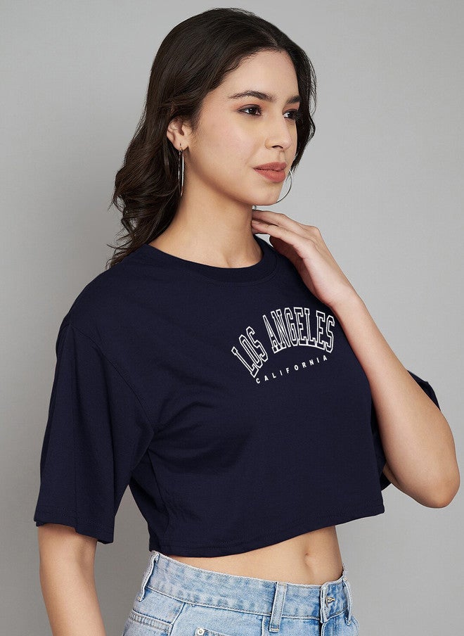 TREND LEVEL Navy Blue Typography Printed Cotton Crop T-shirt for Women - Image 3
