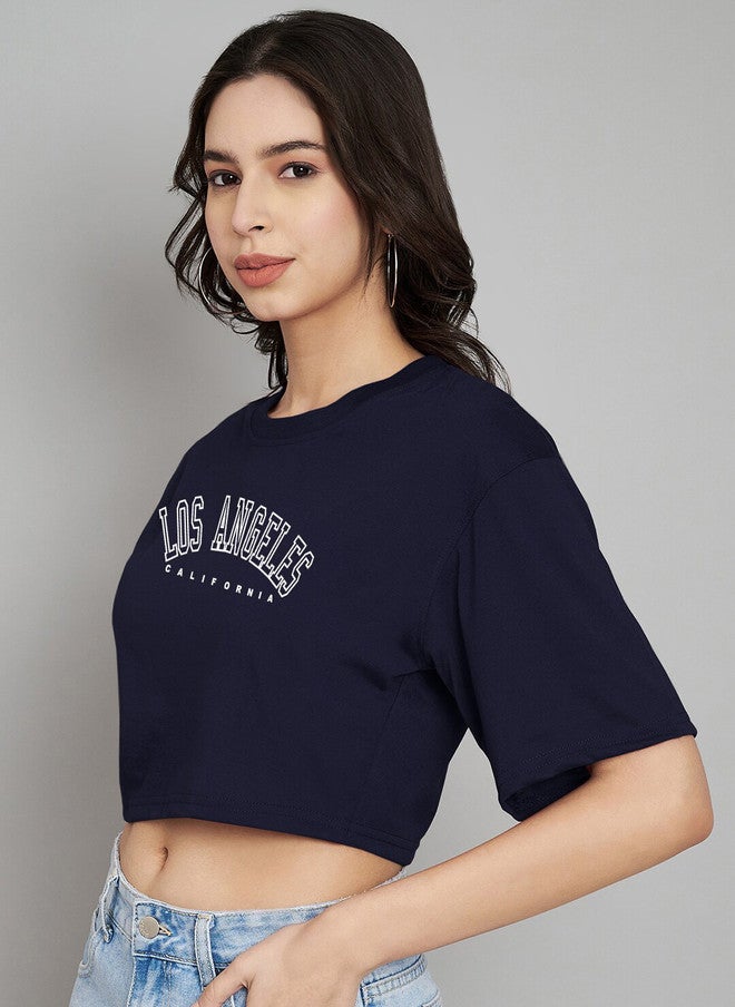 TREND LEVEL Navy Blue Typography Printed Cotton Crop T-shirt for Women - Image 4