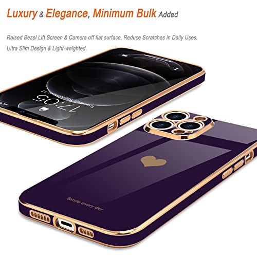 Teageo Compatible with iPhone 12 Pro Case for Girl Women Cute Love-Heart Luxury Plating Soft Back Cover Raised Camera Protection Bumper Silicone Shockproof Phone Case for iPhone 12 Pro, Dark Purple - Image 4