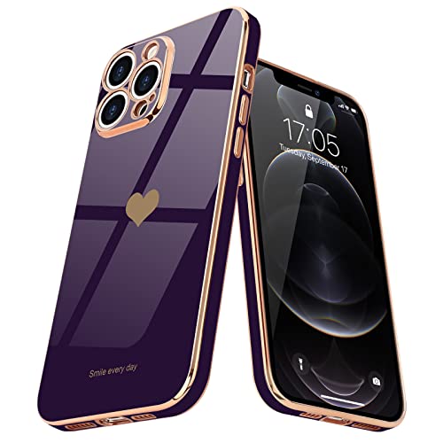 Teageo Compatible with iPhone 12 Pro Case for Girl Women Cute Love-Heart Luxury Plating Soft Back Cover Raised Camera Protection Bumper Silicone Shockproof Phone Case for iPhone 12 Pro, Dark Purple - Image 1