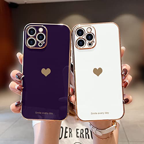 Teageo Compatible with iPhone 12 Pro Case for Girl Women Cute Love-Heart Luxury Plating Soft Back Cover Raised Camera Protection Bumper Silicone Shockproof Phone Case for iPhone 12 Pro, Dark Purple - Image 2
