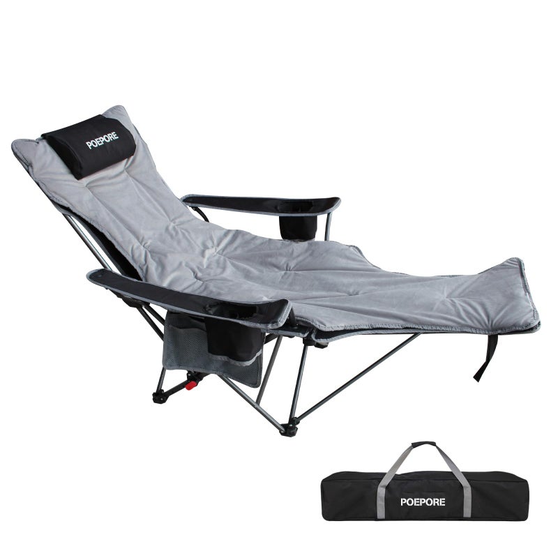POEPORE Reclining Camping Chair with Removable Footrest Lounge Chair with Headrest, Cotton Cushion, Portable Adjustable Folding Chairs for Adults Black - Image 1