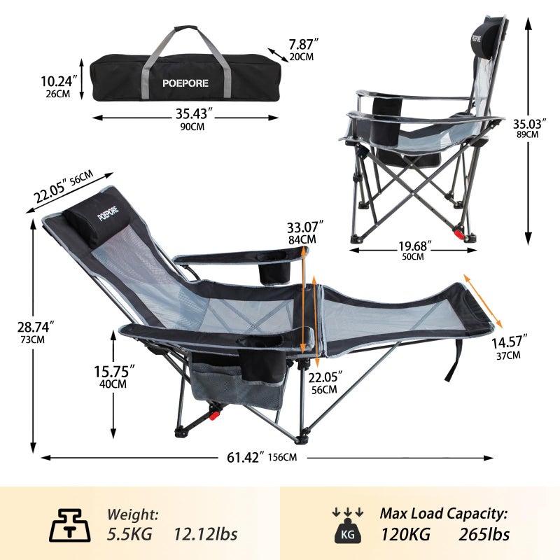 POEPORE Reclining Camping Chair with Removable Footrest Lounge Chair with Headrest, Cotton Cushion, Portable Adjustable Folding Chairs for Adults Black - Image 2