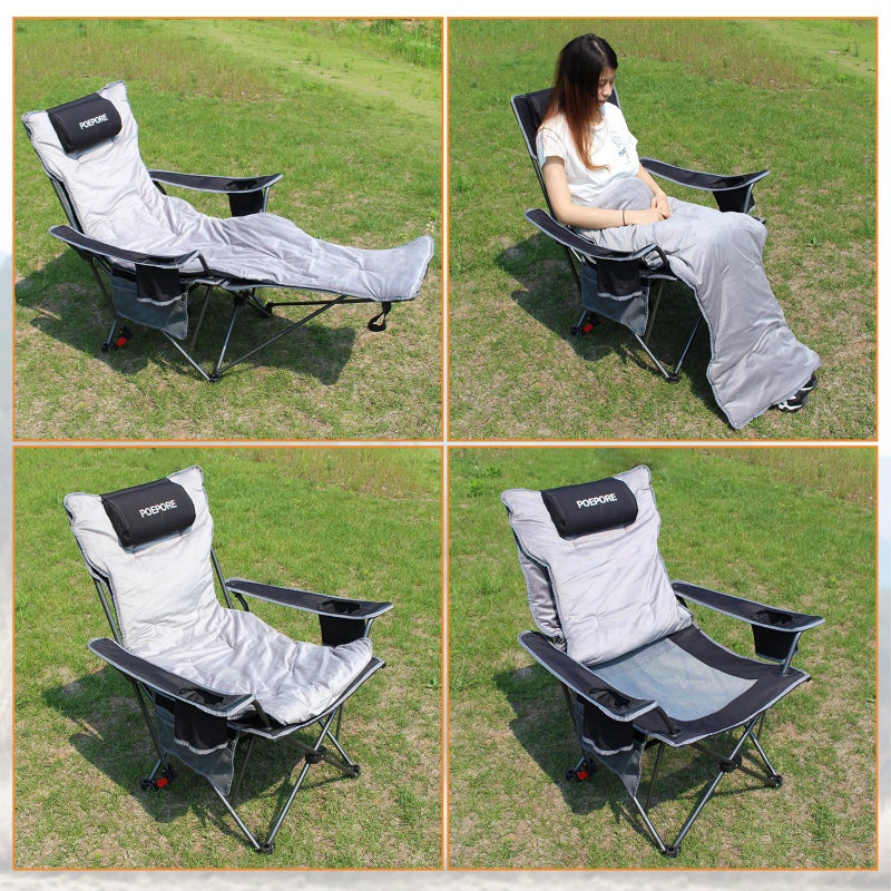 POEPORE Reclining Camping Chair with Removable Footrest Lounge Chair with Headrest, Cotton Cushion, Portable Adjustable Folding Chairs for Adults Black - Image 4