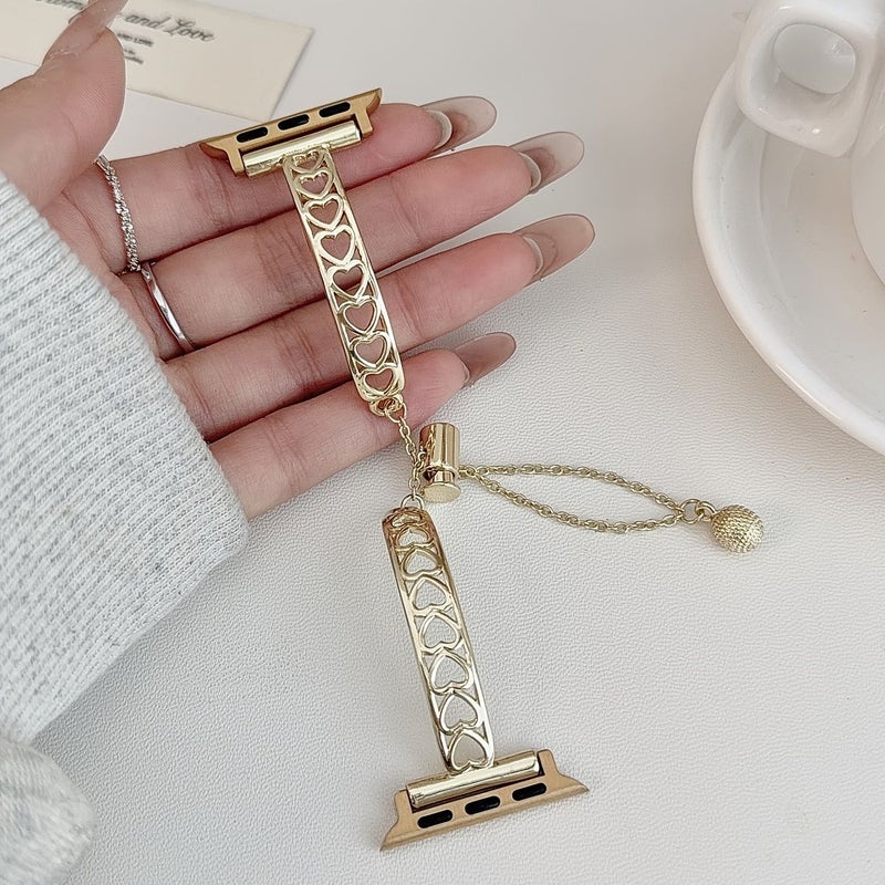 Silvery Zinc Alloy Double Bar Heart Apple Watch Band Fits 42 44 45 46 49mm Series - Image 1