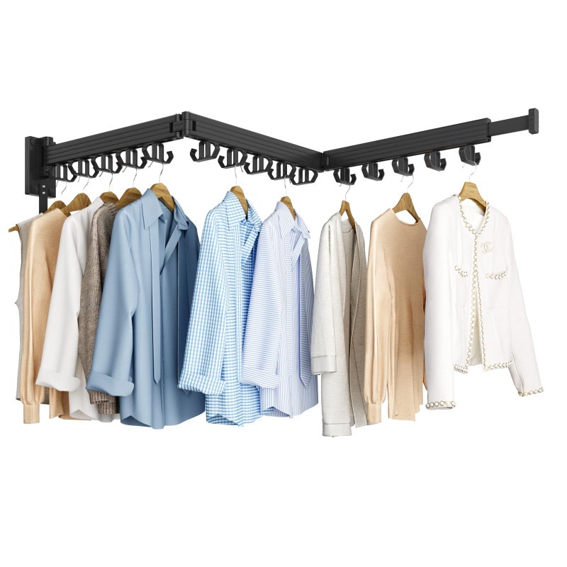 Kelisiting Clothes Drying Rack, Wall Mounted Laundry Drying Rack, Upgrade 3-Fold Foldable Collapsible Retractable Clothing Drying Rack with 12 Dual Hooks Organization for Laundry Room Indoor- Black - Image 1