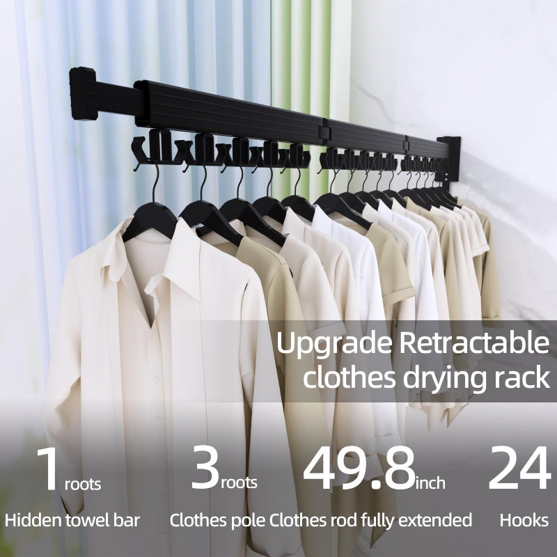 Kelisiting Clothes Drying Rack, Wall Mounted Laundry Drying Rack, Upgrade 3-Fold Foldable Collapsible Retractable Clothing Drying Rack with 12 Dual Hooks Organization for Laundry Room Indoor- Black - Image 2