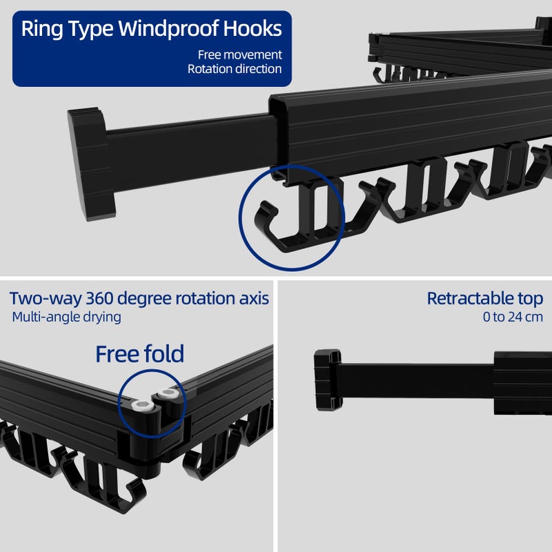 Kelisiting Clothes Drying Rack, Wall Mounted Laundry Drying Rack, Upgrade 3-Fold Foldable Collapsible Retractable Clothing Drying Rack with 12 Dual Hooks Organization for Laundry Room Indoor- Black - Image 4