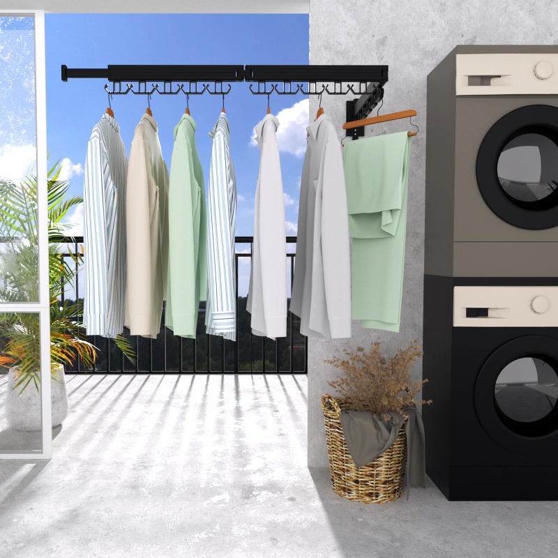 Kelisiting Clothes Drying Rack, Wall Mounted Laundry Drying Rack, Upgrade 3-Fold Foldable Collapsible Retractable Clothing Drying Rack with 12 Dual Hooks Organization for Laundry Room Indoor- Black - Image 5