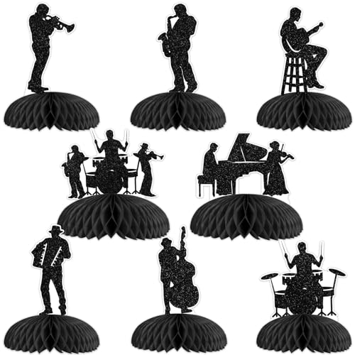 Blisstock Jazz Band Party Honeycomb Centerpiece Black Glitter Vintage Jazz Band Table Decorations Glitter Saxophone Silhouette Decor for Boys Girls Music Concert Theme Birthday Party Cake Decorations Supplies - Image 1