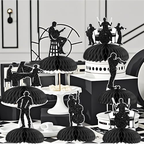 Blisstock Jazz Band Party Honeycomb Centerpiece Black Glitter Vintage Jazz Band Table Decorations Glitter Saxophone Silhouette Decor for Boys Girls Music Concert Theme Birthday Party Cake Decorations Supplies - Image 5
