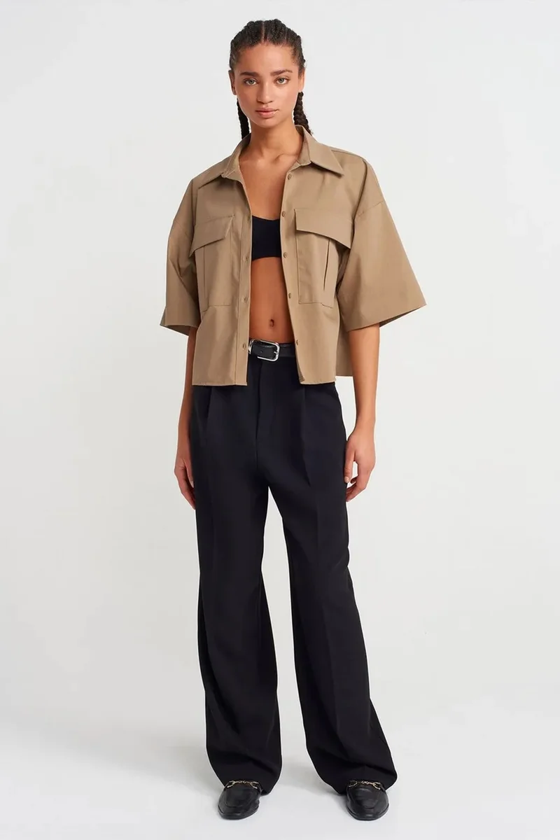 Dilvin Khaki Green DILVIN Oversized Crop Crepe Overshirt for Women | Best Price UAE