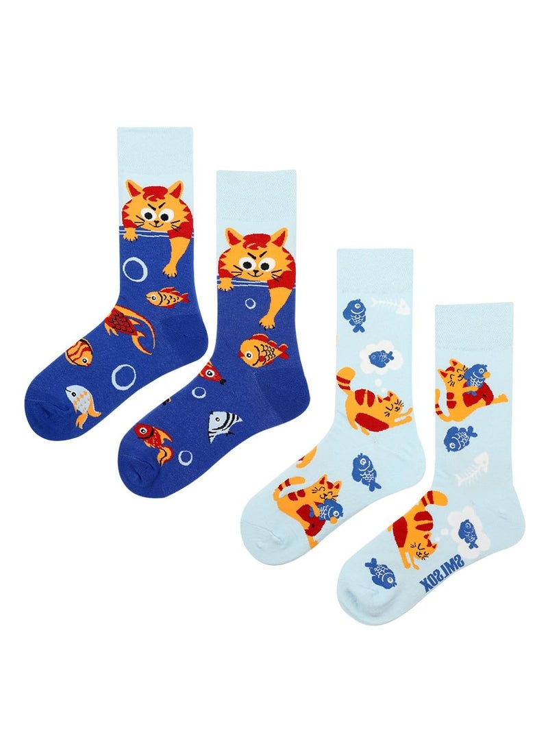 KASTWAVE 2 Pairs Cartoon Animal Crew Socks Fun Cotton Mid Calf Socks for Women(Light Blue, Deep Blue) - Image 1