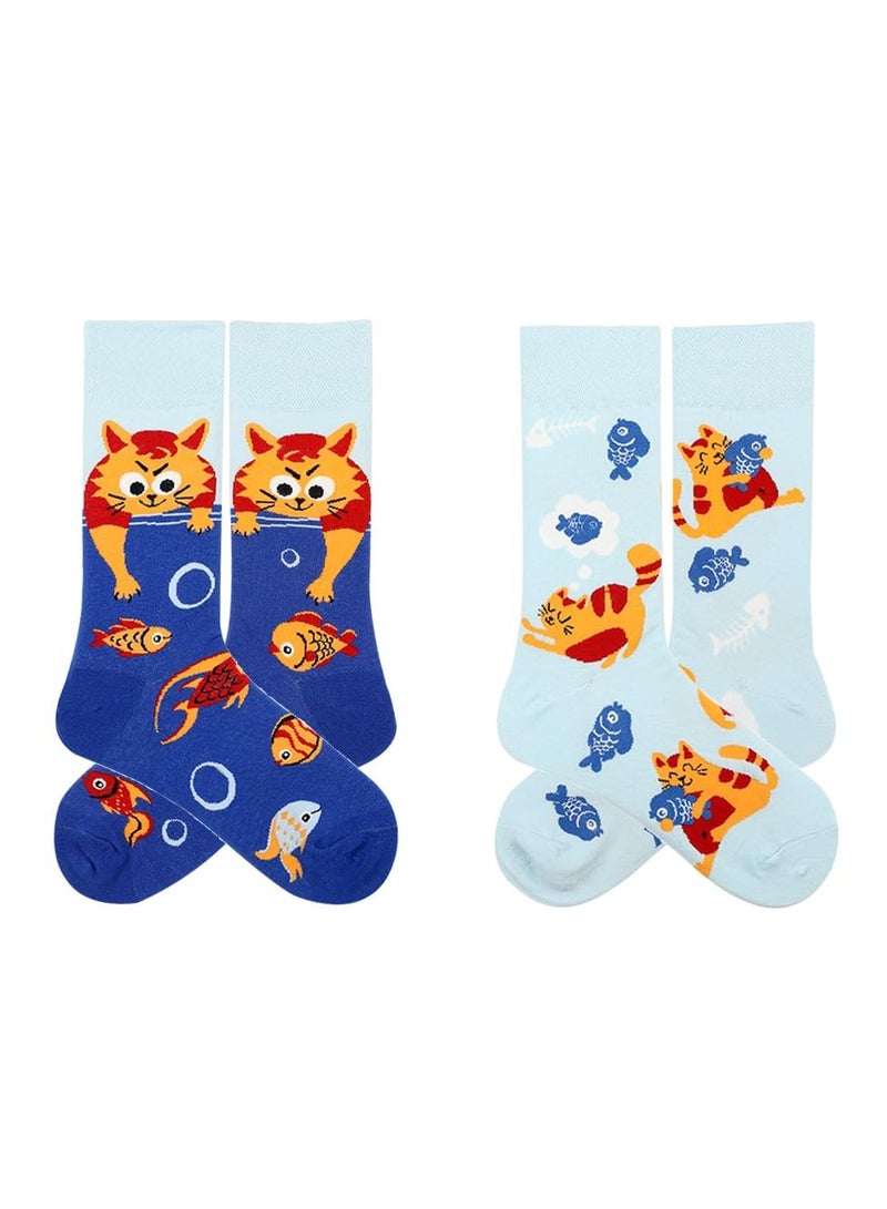 KASTWAVE 2 Pairs Cartoon Animal Crew Socks Fun Cotton Mid Calf Socks for Women(Light Blue, Deep Blue) - Image 3