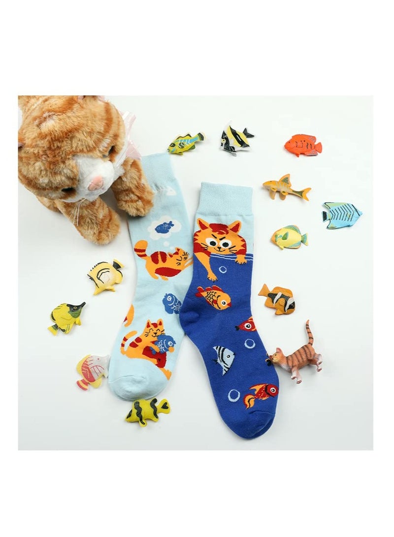 KASTWAVE 2 Pairs Cartoon Animal Crew Socks Fun Cotton Mid Calf Socks for Women(Light Blue, Deep Blue) - Image 5