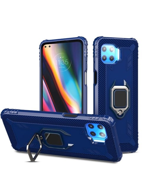 غطاء حماية لهاتف Motorola Moto G 5G Plus مصنوع من ألياف الكربون مع حامل حلقي يدور 360 درجة (أزرق)