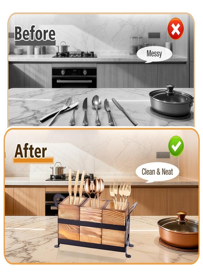 Primst Wooden Silverware Caddy with 3 Detachable Compartments & Portable Handle - Farmhouse Countertop Organizer for Forks/Spoons/Knives, Cutlery Holder for Party, Kitchen & Dining - Image 5