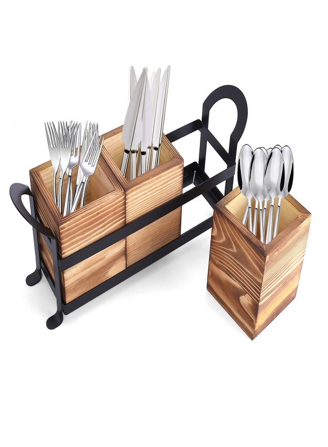 Primst Wooden Silverware Caddy with 3 Detachable Compartments & Portable Handle - Farmhouse Countertop Organizer for Forks/Spoons/Knives, Cutlery Holder for Party, Kitchen & Dining - Image 1