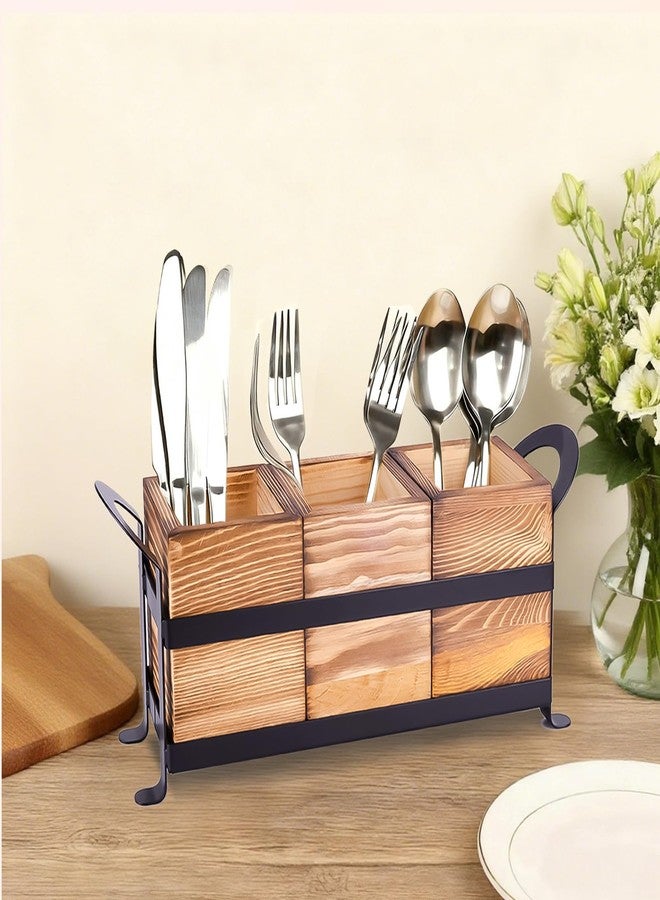 Primst Wooden Silverware Caddy with 3 Detachable Compartments & Portable Handle - Farmhouse Countertop Organizer for Forks/Spoons/Knives, Cutlery Holder for Party, Kitchen & Dining - Image 3