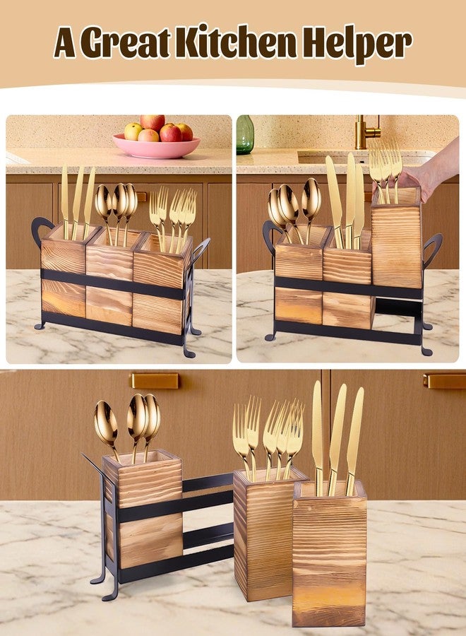 Primst Wooden Silverware Caddy with 3 Detachable Compartments & Portable Handle - Farmhouse Countertop Organizer for Forks/Spoons/Knives, Cutlery Holder for Party, Kitchen & Dining - Image 4