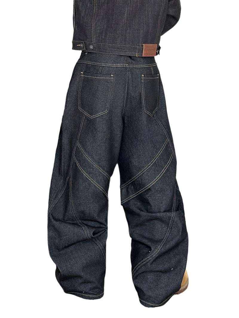 Men's Wide-Leg Loose Fit Oversized Pants with Beltless Button Closure - Heavy Washed Solid Color Streetwear Trousers, Button-Accented for - Wear ( - Image 1
