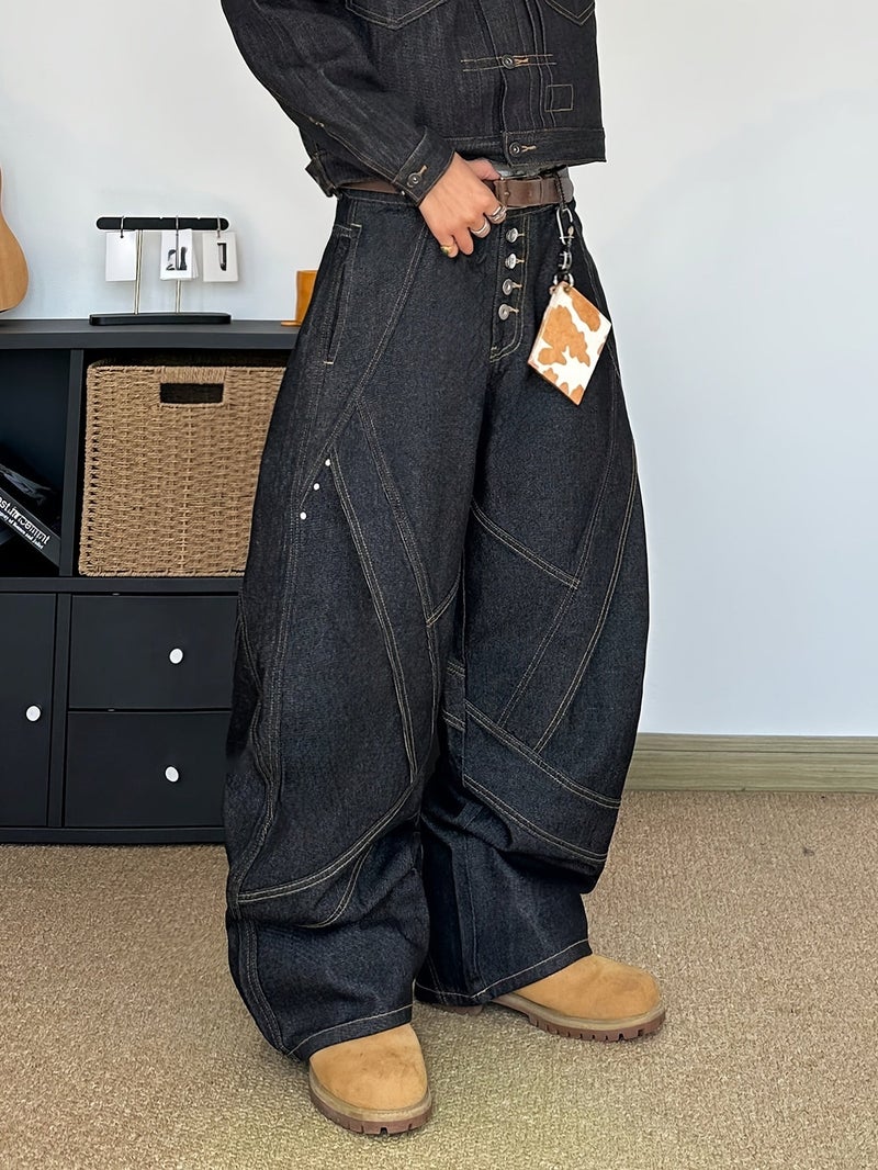 Men's Wide-Leg Loose Fit Oversized Pants with Beltless Button Closure - Heavy Washed Solid Color Streetwear Trousers, Button-Accented for - Wear ( - Image 4