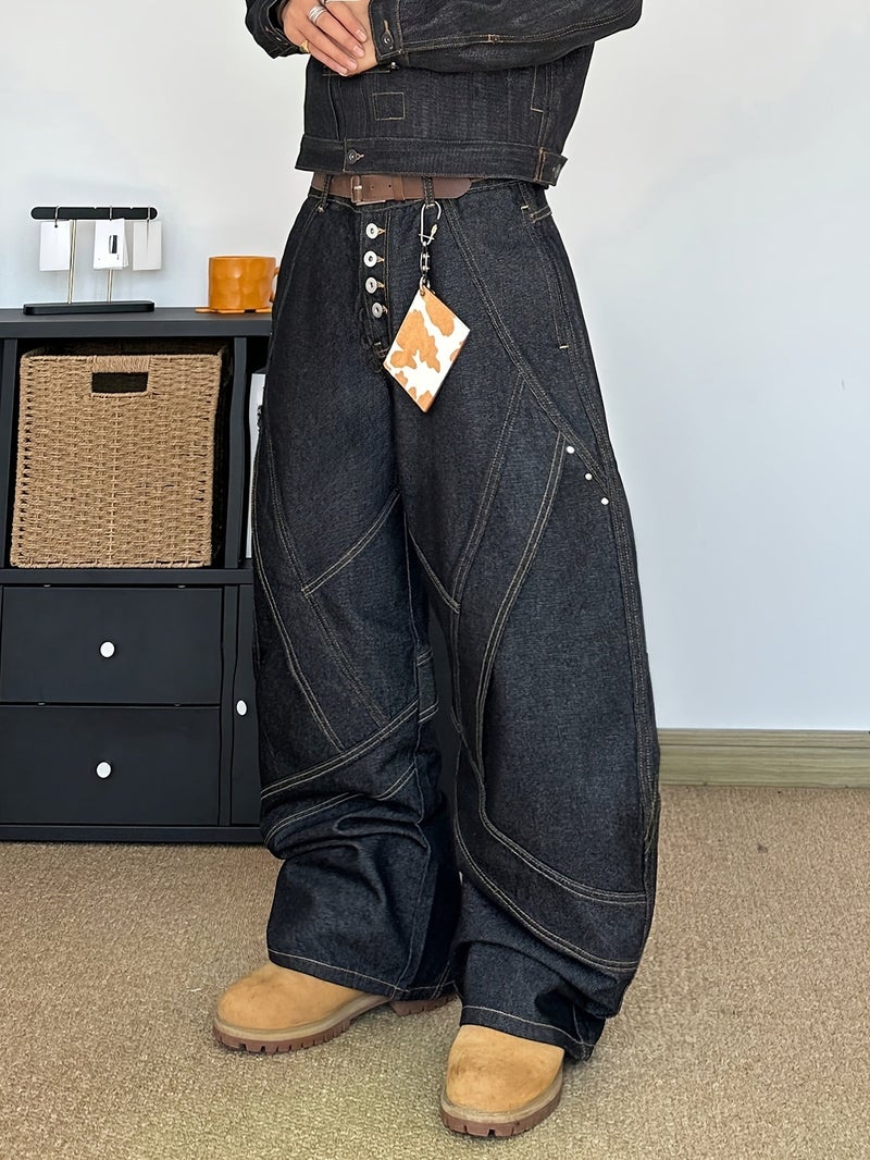 Men's Wide-Leg Loose Fit Oversized Pants with Beltless Button Closure - Heavy Washed Solid Color Streetwear Trousers, Button-Accented for - Wear ( - Image 5