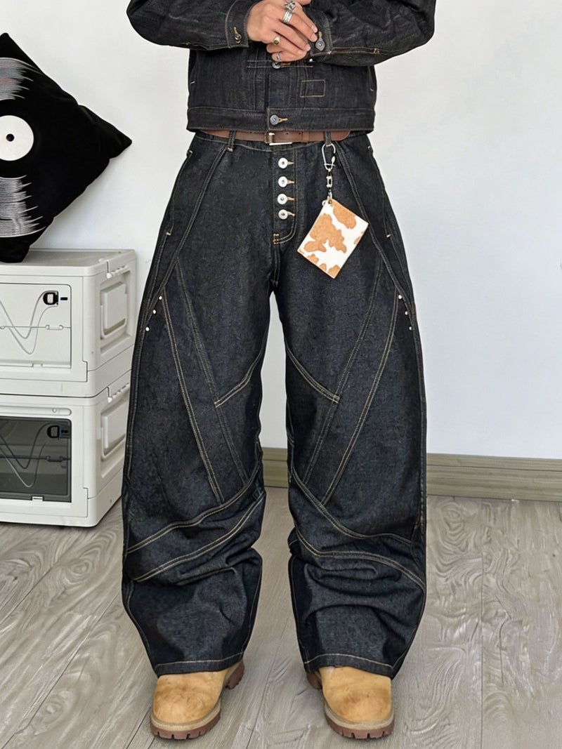 Men's Wide-Leg Loose Fit Oversized Pants with Beltless Button Closure - Heavy Washed Solid Color Streetwear Trousers, Button-Accented for - Wear ( - Image 2
