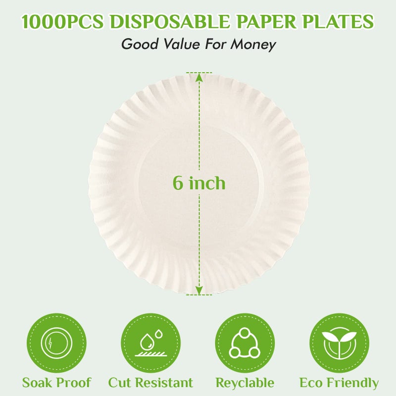 FOCUSLINE 6 Inch Paper Plates 1000 Count, White Paper Plates Uncoated, Everyday Disposable Dessert Plate 6" Small Plate Bulk 1000 Count - Image 3