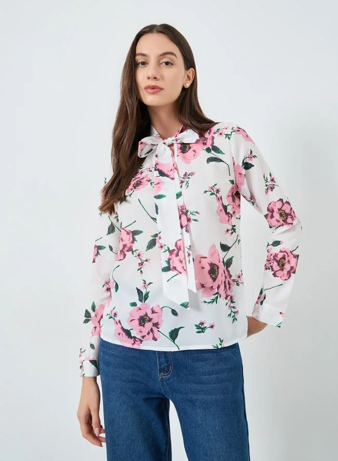 Take Two Flower Printed Bow Detail Neck Top