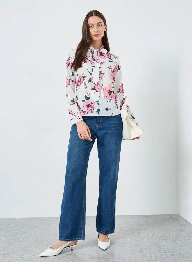 Take Two Flower Printed Bow Detail Neck Top