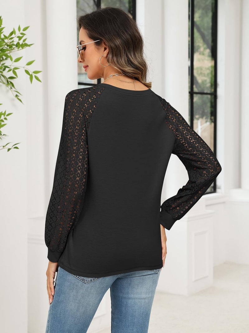Minetom Women's Lace Long Sleeve Tops Henley Shirts Casual Blouses T Shirts Fall Clothes Black - Image 5