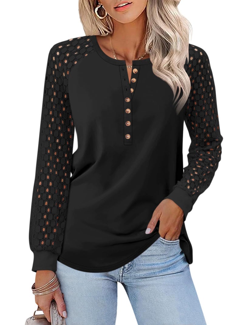 Minetom Women's Lace Long Sleeve Tops Henley Shirts Casual Blouses T Shirts Fall Clothes Black - Image 1