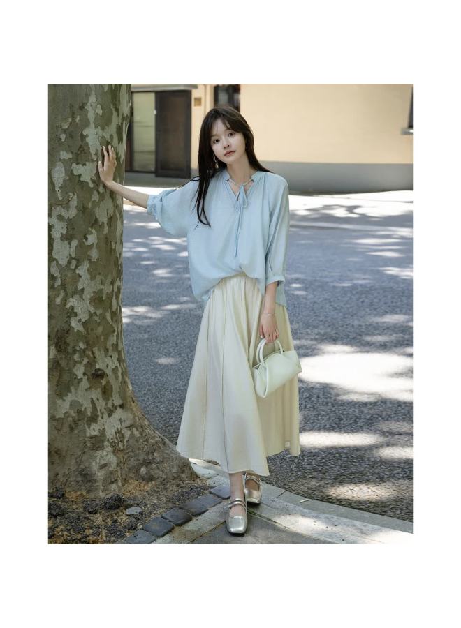 Mt [fresh Avocado] Summer Korean-style Tie-up Collar Loose Lightweight Blouse - Image 3