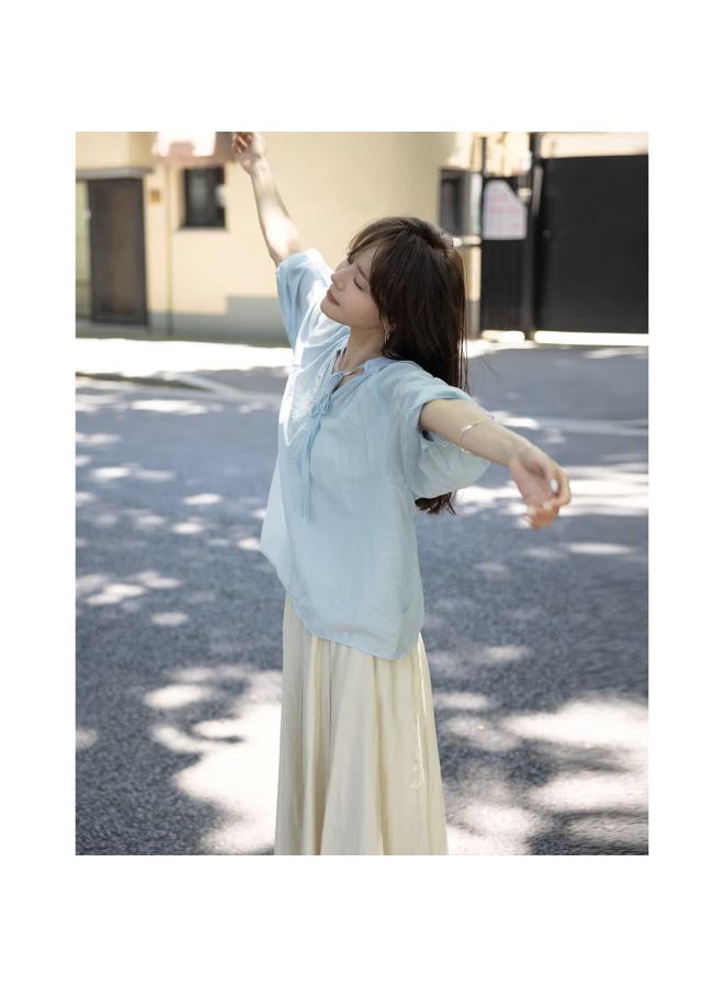Mt [fresh Avocado] Summer Korean-style Tie-up Collar Loose Lightweight Blouse - Image 4
