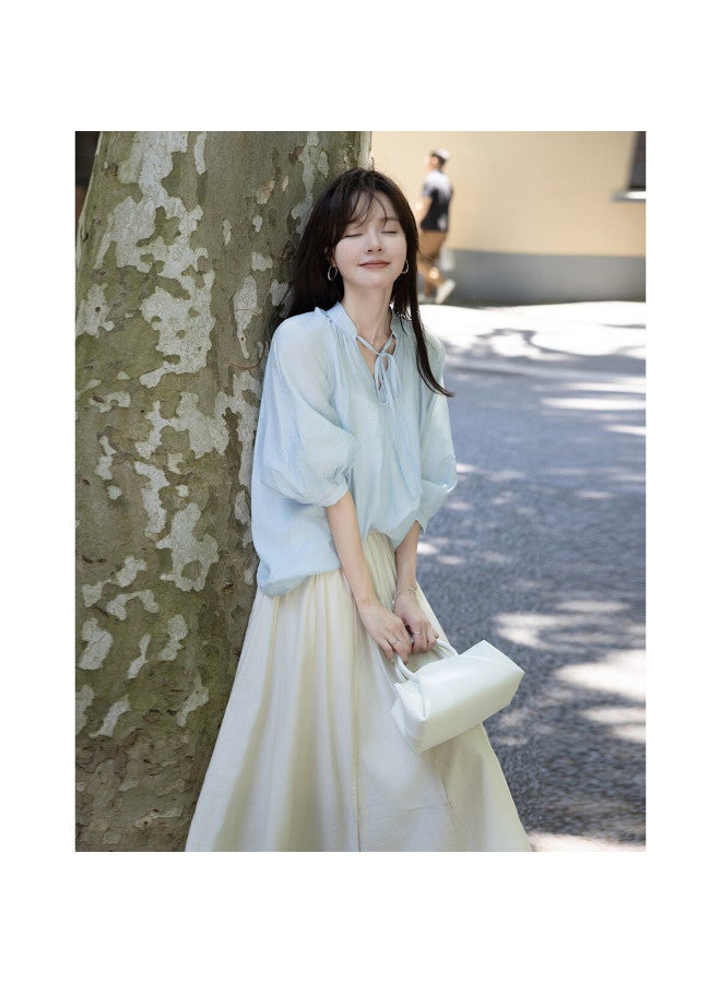 Mt [fresh Avocado] Summer Korean-style Tie-up Collar Loose Lightweight Blouse - Image 2